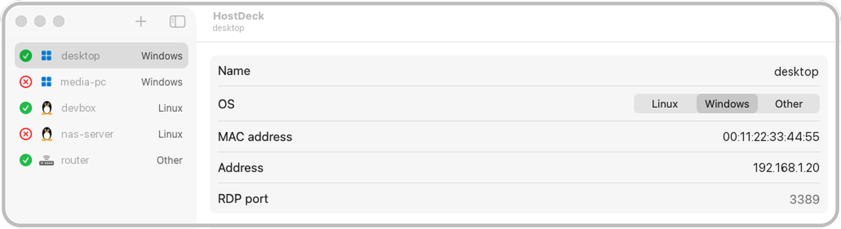The top of the HostDeck window, with five hosts in the list and the details of a Windows host
