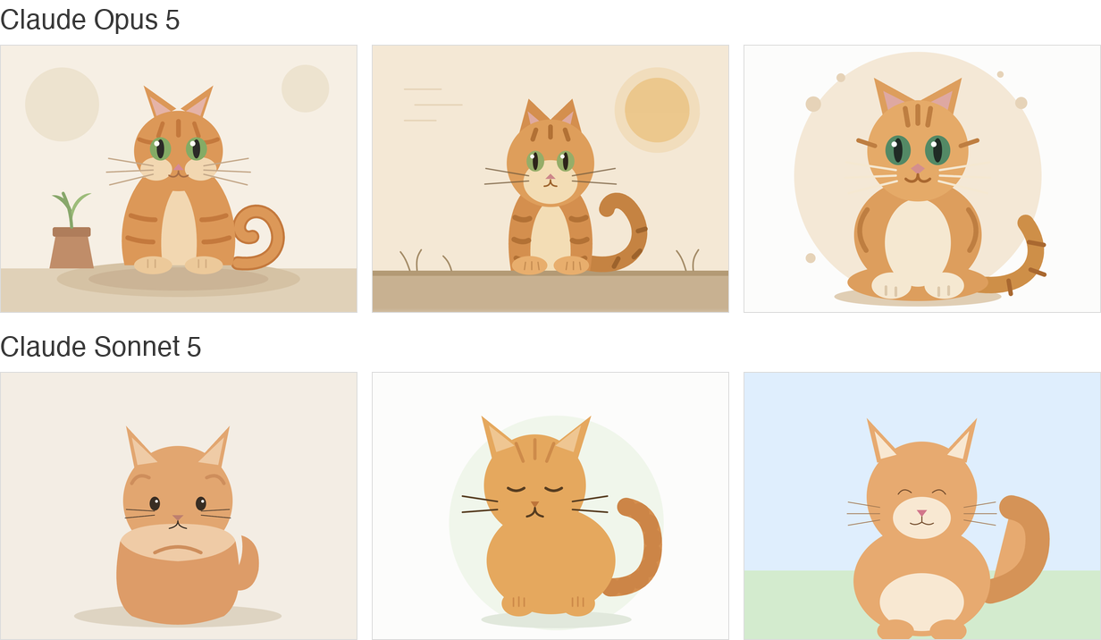 Six cartoon cats, three from Claude Opus 5 and three from Claude Sonnet 5, each different from the others